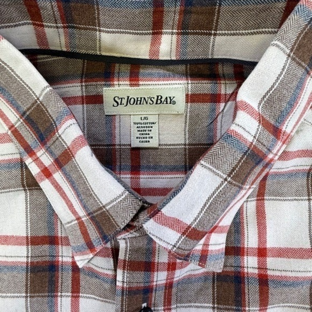 St‎ Johns Bay Mens Large Plaid Button Down Shirt Brown Red Cotton Herringbone - Picture 2 of 7